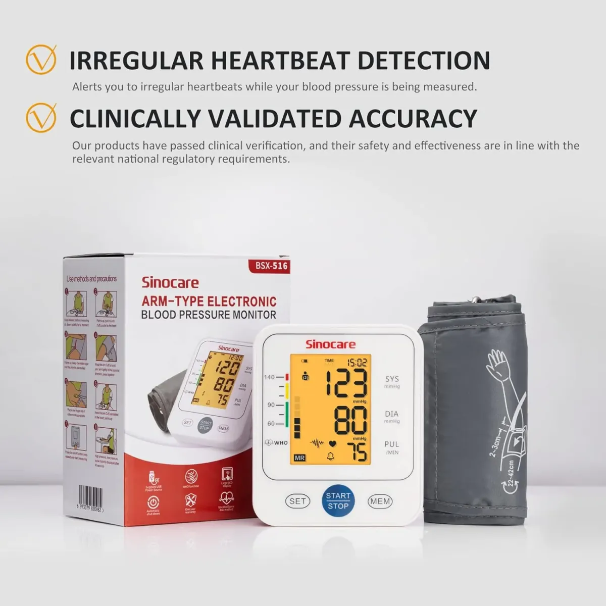 Sinocare Automatic Digital Blood Pressure Monitor for Upper Arm – Accurate BP Machine with Large Display (22-42cm Cuff) 